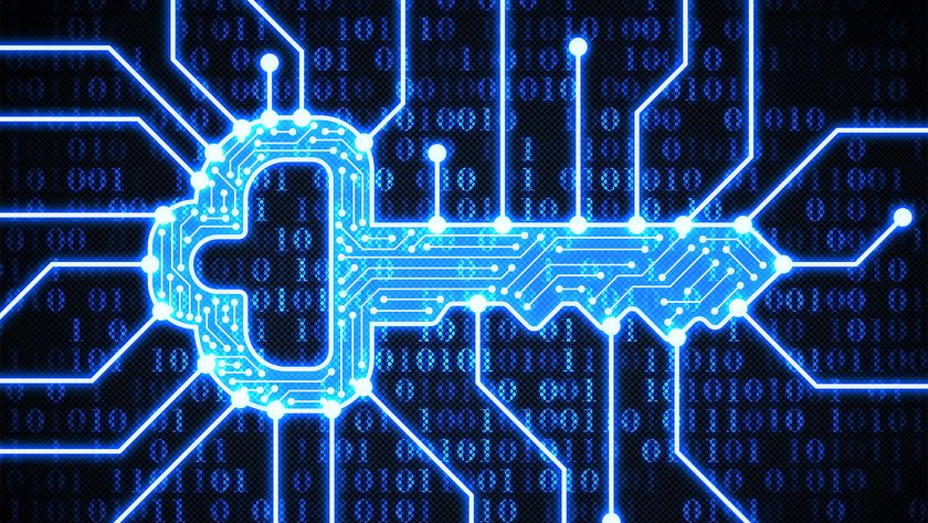 RSA encryption keys concept image showing digitized key with flowing power lines attached, placed on a background featuring binary code.