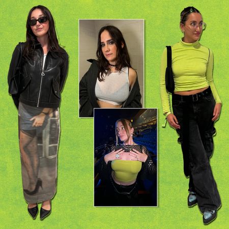 A Future graphic of Charli XCX concert outfits, featuring Emma Childs in a green skirt and leather jacket, Julia Marzovilla in a white tank top and black jacket, Kelsey Stiegman in a green top and black shrug, Lucia Tonelli in a brat green sweater and black cargo pants