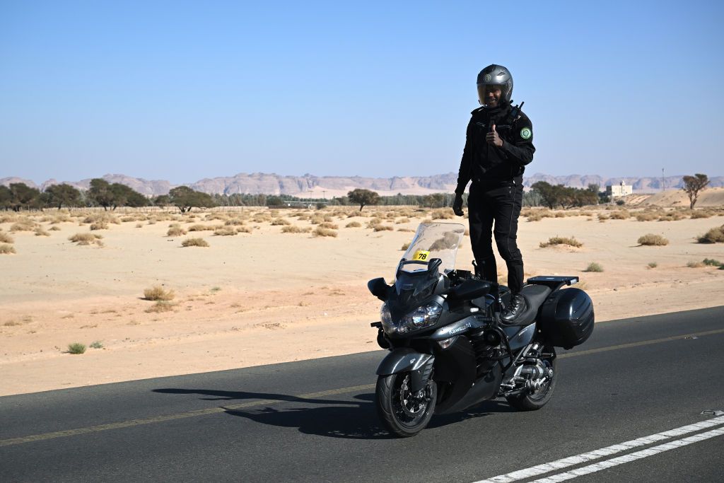 SKYVIEWS OF HARRAT UWAYRID SAUDI ARABIA JANUARY 31 Race organisation motorbike during the 5th AlUla Tour 2025 Stage 4 a 1409km stage from Maraya to Skyviews of Harrat Uwayrid 1159m on January 31 2025 in Skyviews of Harrat Uwayrid Saudi Arabia Photo by Szymon GruchalskiGetty Images