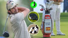 Nacho Elvira hits a golf shot, with a close up of his bag and clubs