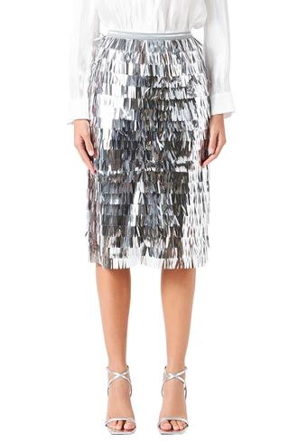 Tiered Fringe Metallic Pencil Skirt