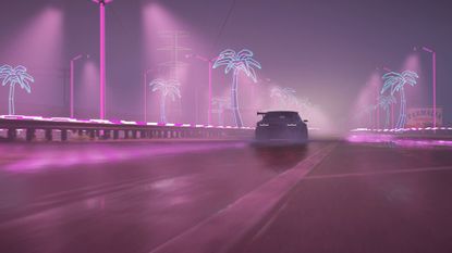 Forza Horizon 5 screenshot of a Horizon Realms track that's lit up in neon pink with illuminated palm trees decorating either side of the road
