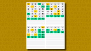 Quordle Daily Sequence answers for game 1112 on a yellow background