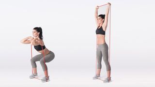 Resistance band squat to overhead press