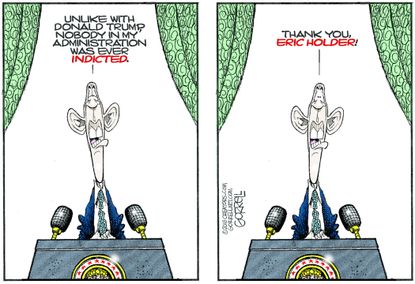 Political cartoon U.S. Barack Obama administration indictment Eric Holder Trump