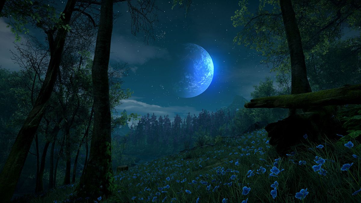 繪畫遊戲 Eastshade 的螢幕截圖顯示了月光下的風景