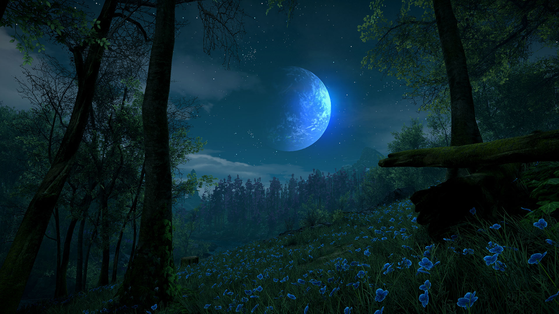 A screenshot from painter game Eastshade showing a moonlit landscape