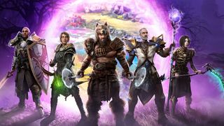 Last Epoch key art with five characters representing each class standing in front of a portal