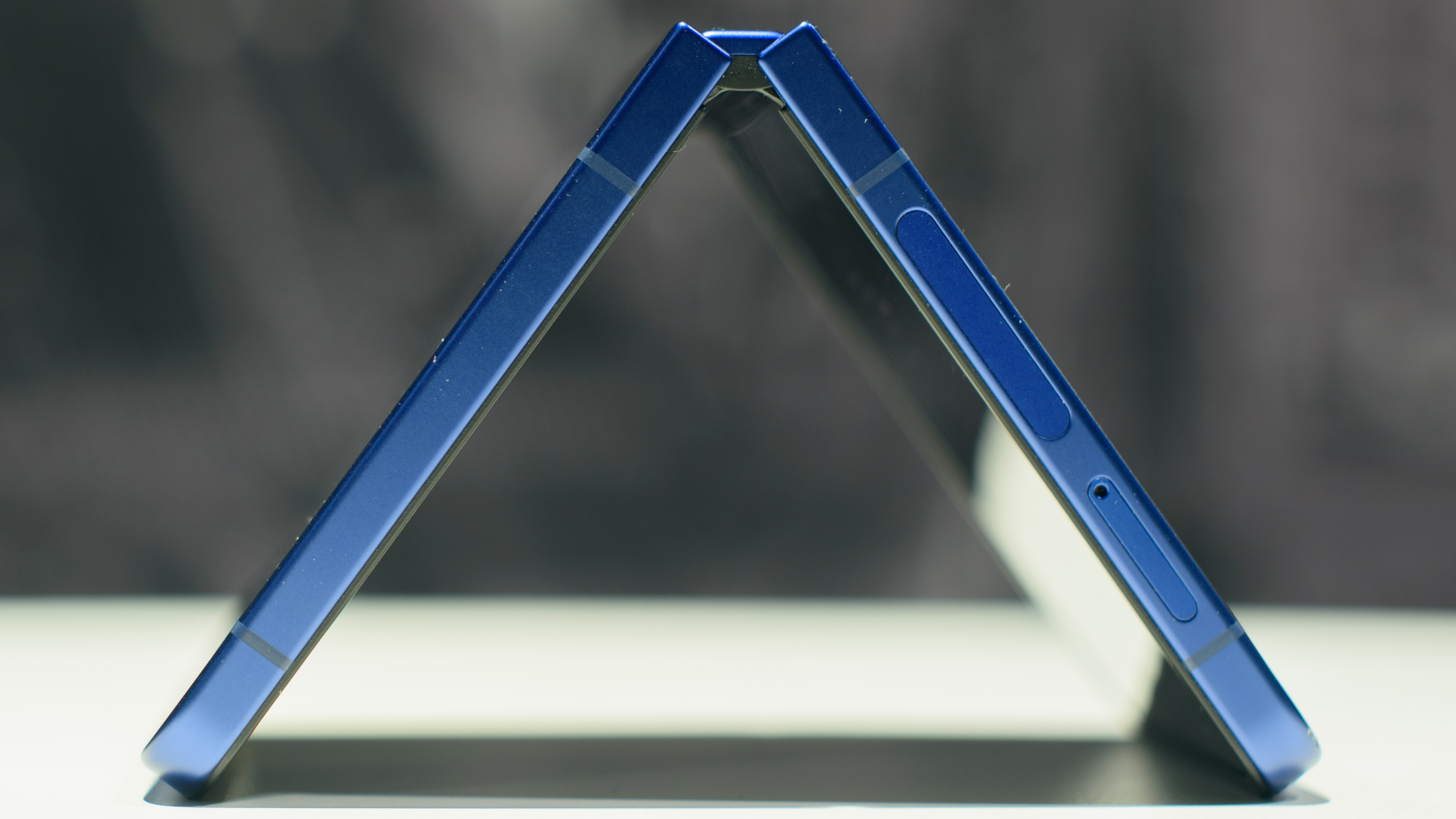 Samsung Galaxy Z Flip 7 in blue folded like a tent