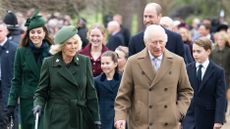 Catherine, Princess of Wales, Queen Camilla, Princess Charlotte of Wales, King Charles III, Prince William, Prince of Wales and Prince George of Wales attend the Christmas Morning Service at Sandringham Church on December 25, 2024