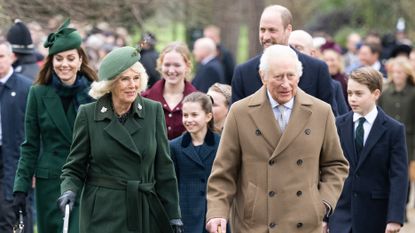 Catherine, Princess of Wales, Queen Camilla, Princess Charlotte of Wales, King Charles III, Prince William, Prince of Wales and Prince George of Wales attend the Christmas Morning Service at Sandringham Church on December 25, 2024