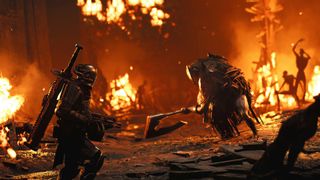  A hero from Remnant 2 stands face-to-face with a vicious enemy, wielding an enormous axe, amidst a burning village.