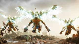 Winged Stormcast Eternals soar across the battlefield in golden armor