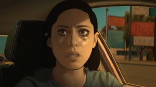 A animated version Rosa Salazar (Alma Winograd-Diaz) in a car