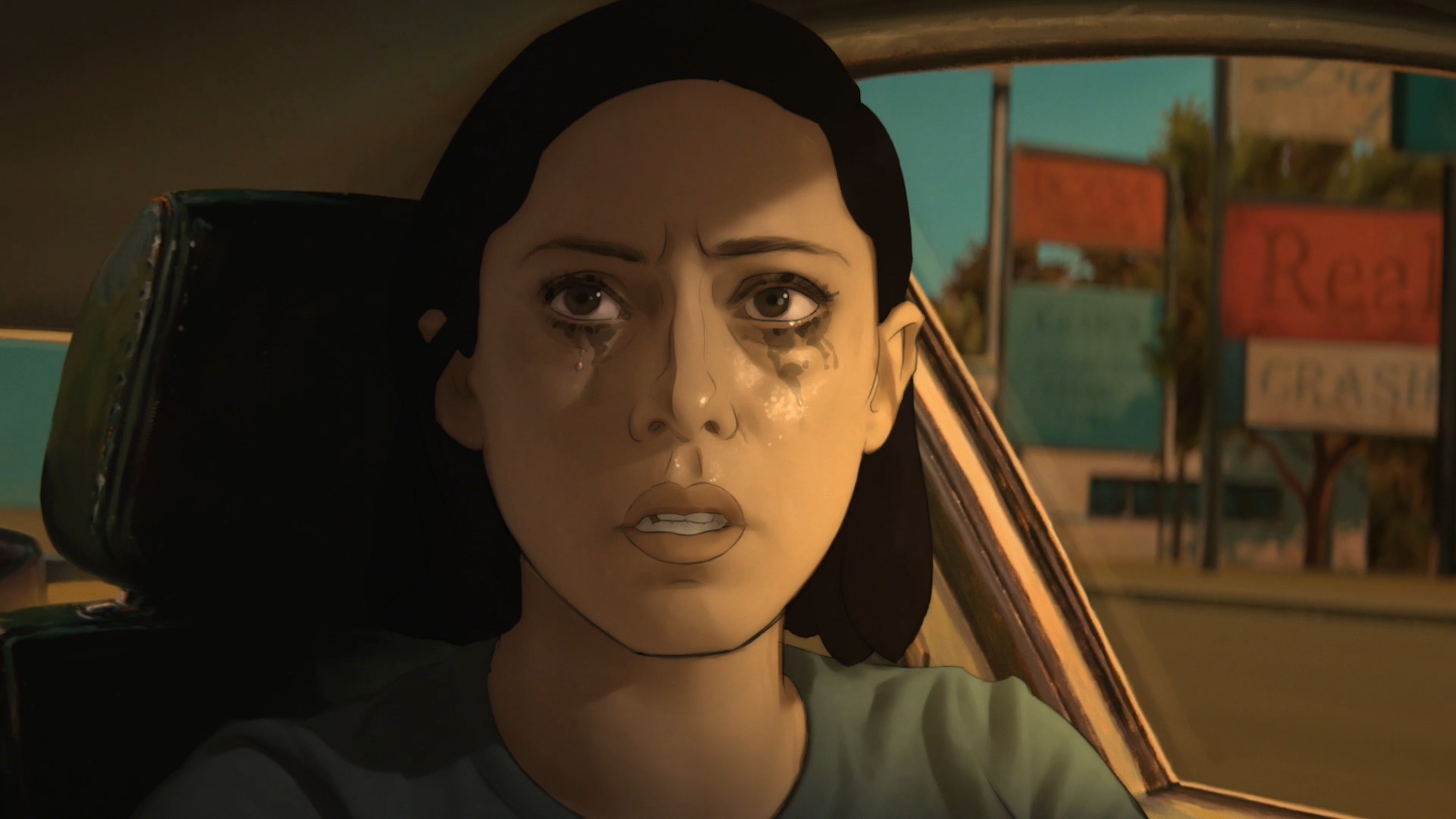 An animated version of Rosa Salazar (Alma Vinograd-Diaz) in a car