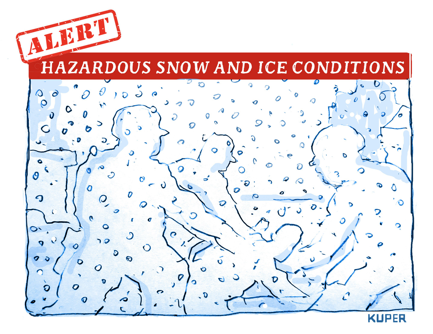 This cartoon&amp;rsquo;s title &amp;ldquo;ALERT: Hazardous Snow and Ice Conditions&amp;rdquo; is written across the top of the image. The image below is wordless and depicts a snowy, blizzard scene where you can just make out the silhouettes of three men holding a third on the ground as they presumably are about to shoot him.