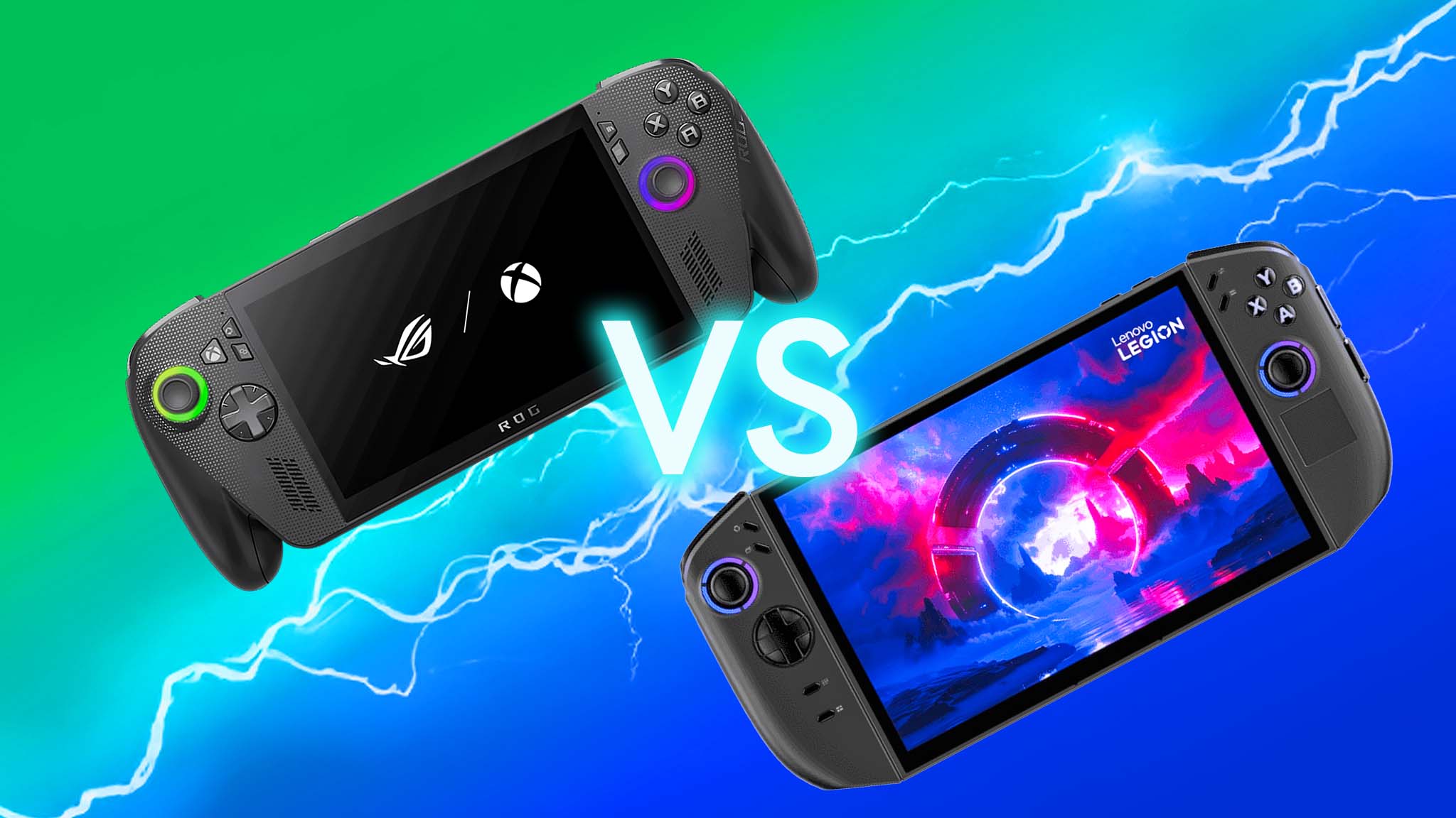Legion Go 2 and Xbox Ally X separated by a flash of lightning and the word &quot;VS&quot; between them. 