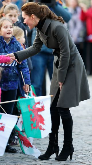 Princess of Wales shakes a child's hand during a walkabout in Castle Square, Caernarfon in 2015