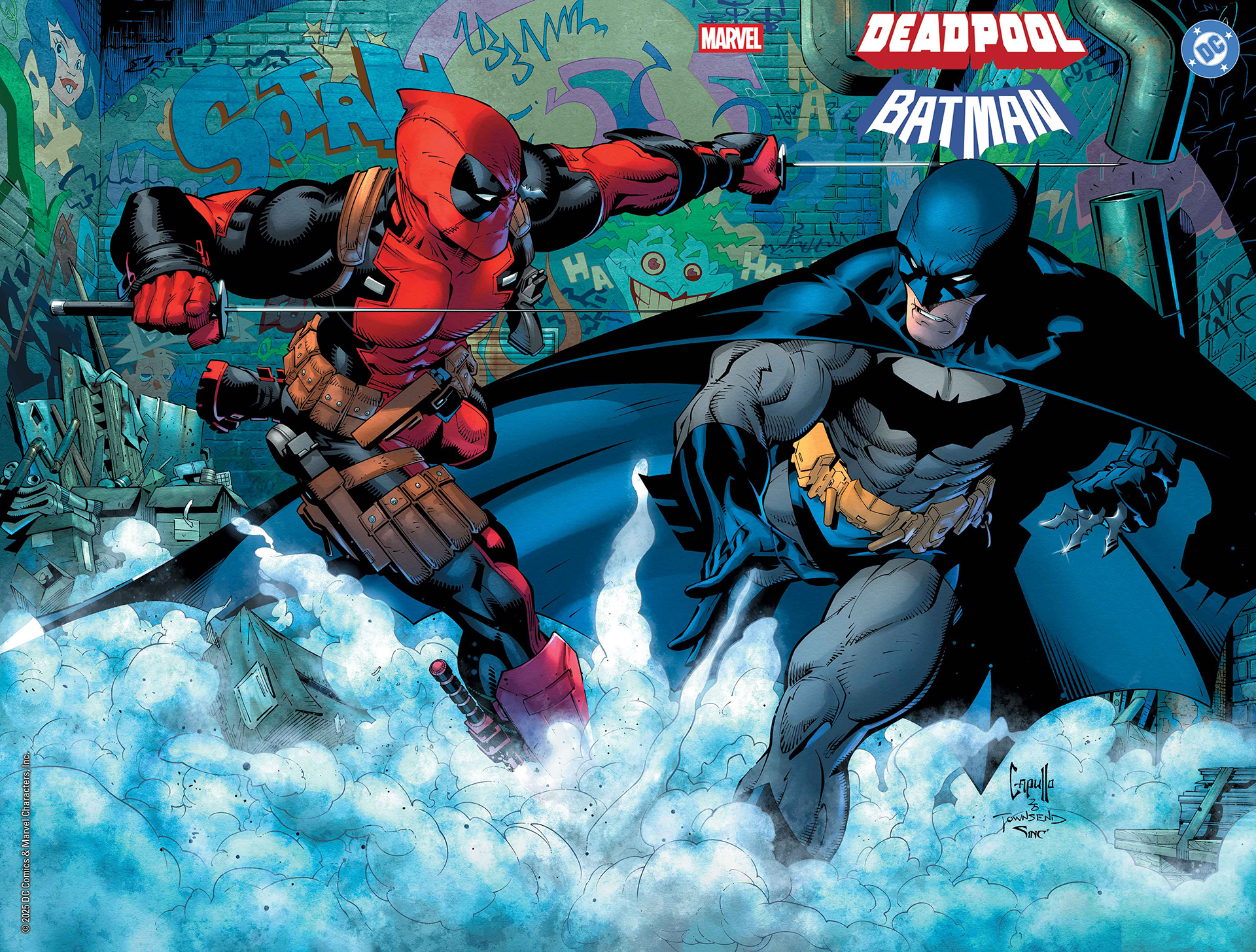 Marvel/DC: Deadpool/Batman #1 cover featuring Deadpool fighting Batman