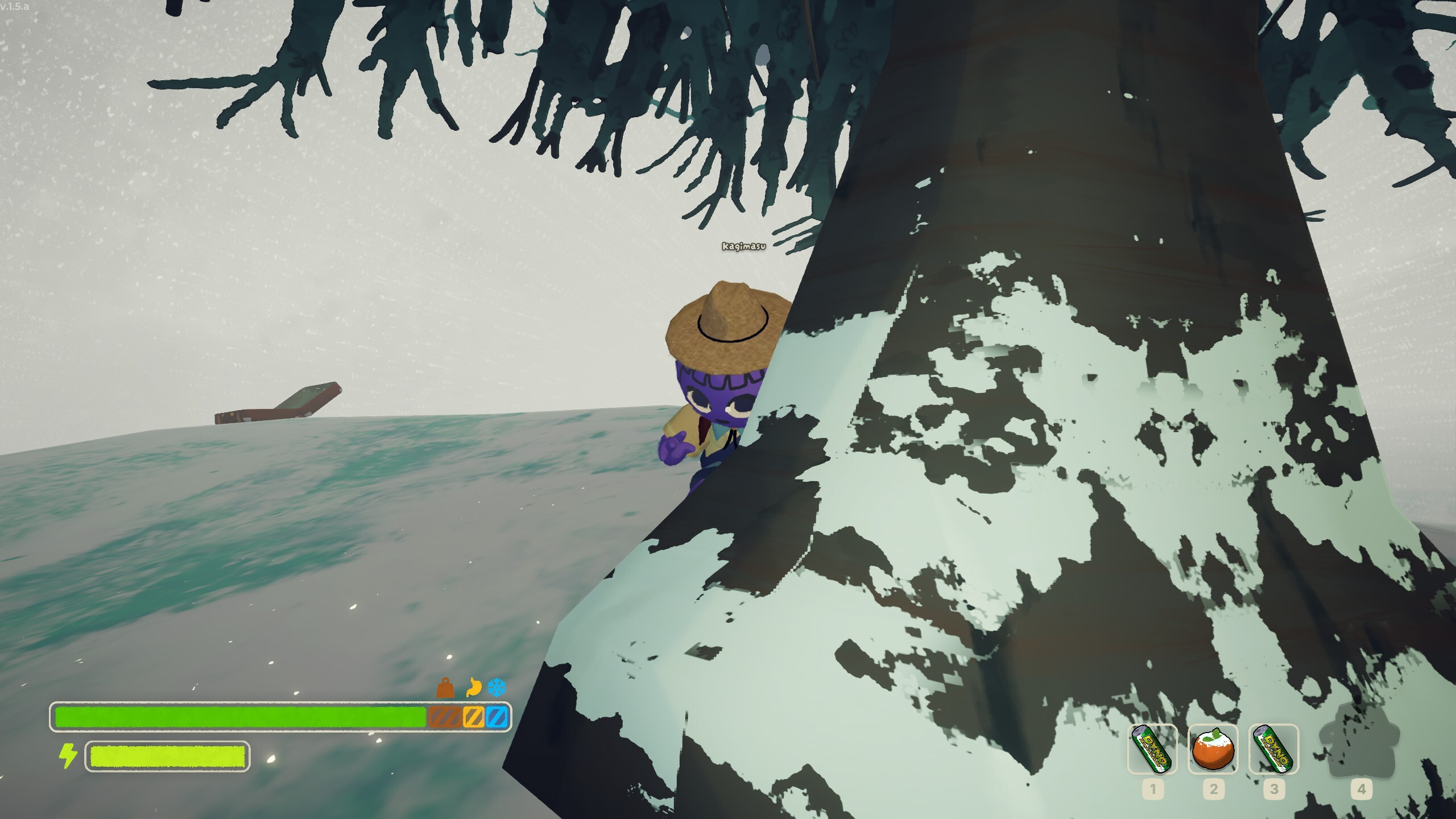 A scout hiding behind a snowy tree