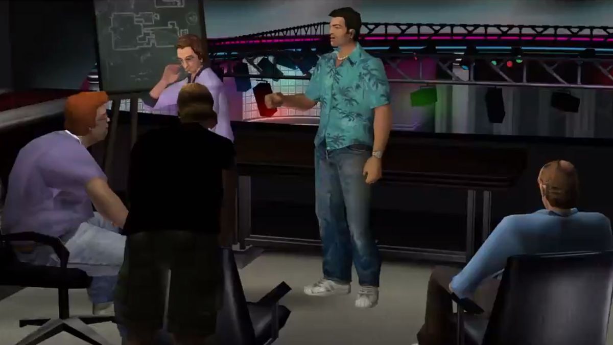 Five mean talking on a balcony of a club
