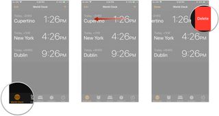 Remove a city from the World Clock: Launch the Clock app, tap the World Clock button, swipe left on the city you want to delete, tap Delete