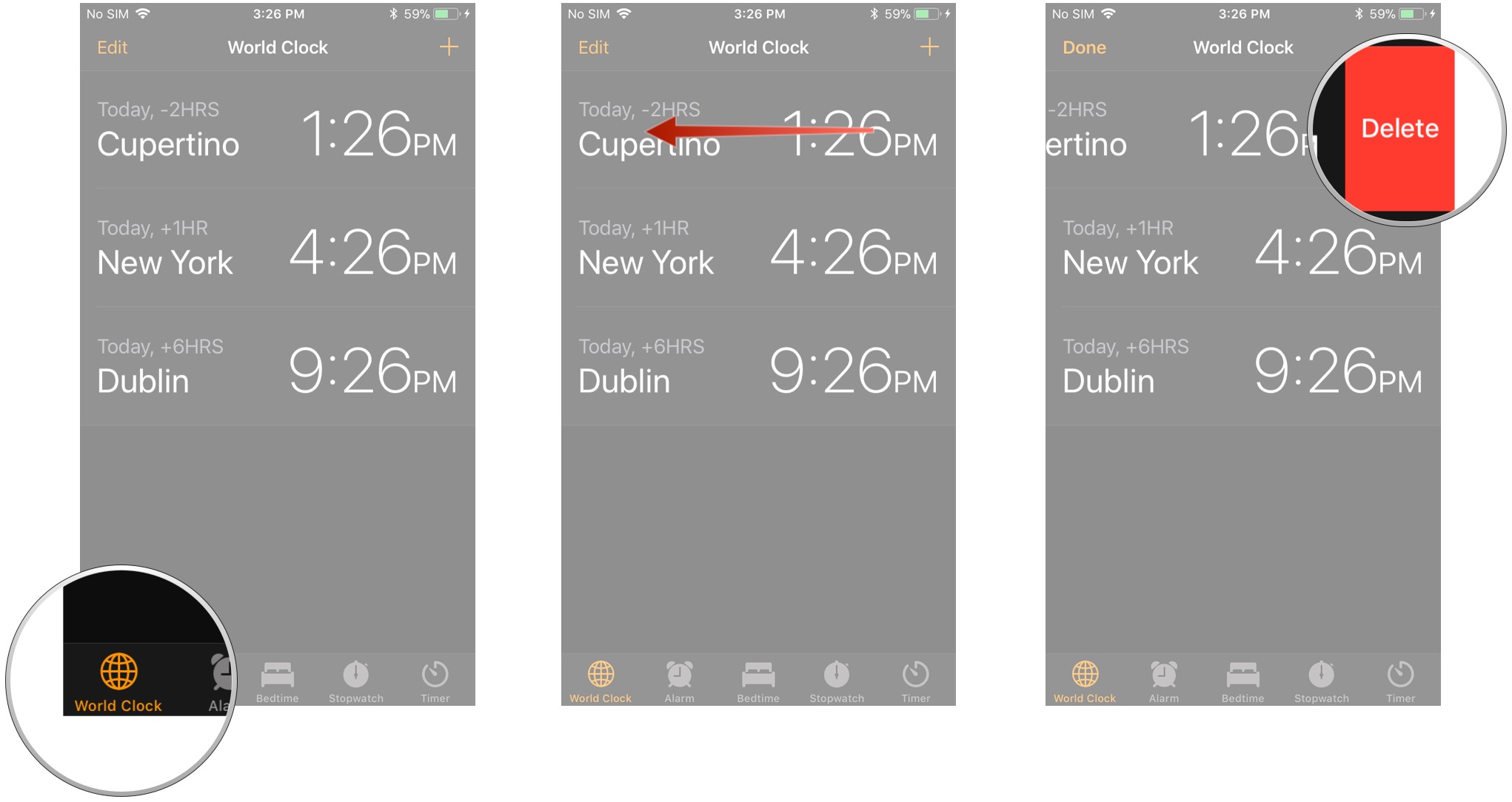 Remove a city from the World Clock: Launch the Clock app, tap the World Clock button, swipe left on the city you want to delete, tap Delete