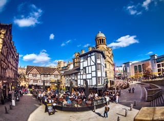 Manchester, England. A view of Shambles square where it is located the Old Wellington pub.