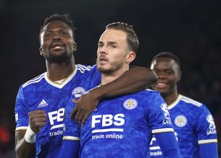 Leicester City’s James Maddison (second right) celebrates scoring their side’s second goal of the game during the UEFA Europa League, Group C match at the King Power Stadium, Leicester. Picture date: Thursday November 25, 2021