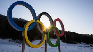 The Olympic Rings are seen on day minus three of the Milano Cortina 2026 Winter Olympic games at Tesero Cross-Country Skiing Stadium on February 3, 2026 in Val di Fiemme, Italy. 