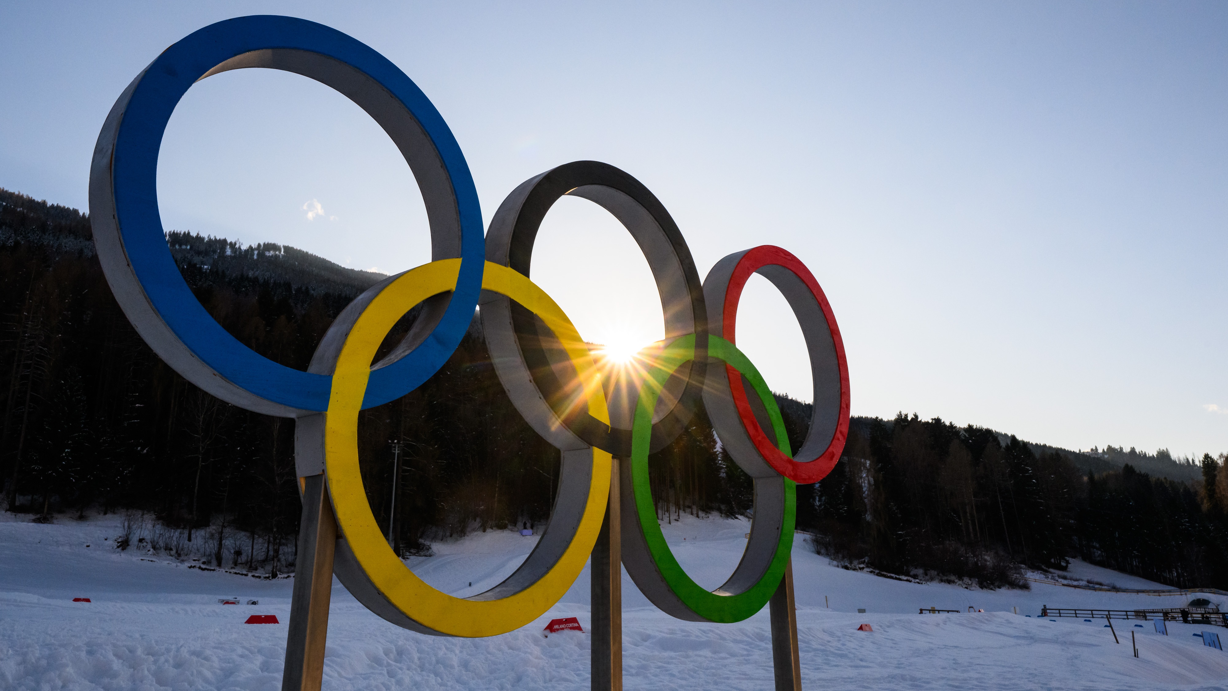 The Olympic Rings are seen on day minus three of the Milano Cortina 2026 Winter Olympic games at Tesero Cross-Country Skiing Stadium on February 3, 2026 in Val di Fiemme, Italy. 