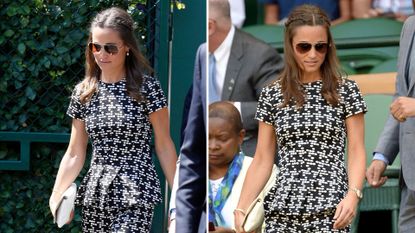 Composite of two pictures of Pippa Middleton wearing a black and white co-ord that resembles a jumpsuit at Wimbledon 2015 