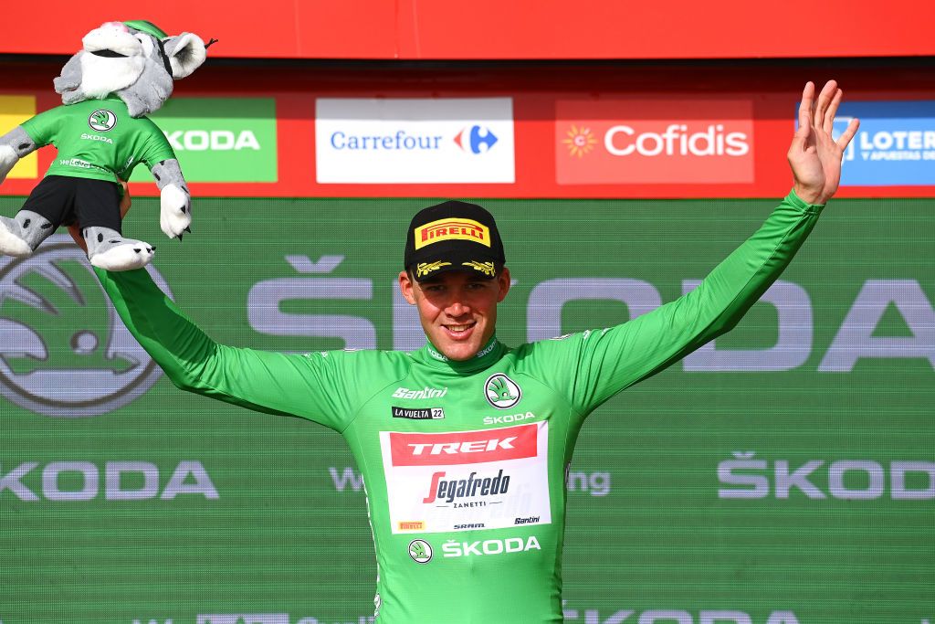 CABO DE GATA SPAIN AUGUST 31 Mads Pedersen of Denmark and Team Trek Segafredo celebrates winning the Green Points Jersey on the podium ceremony after the 77th Tour of Spain 2022 Stage 11 a 1912km stage from ElPozo Alimentacin Alhama de Murcia to Cabo de Gata LaVuelta22 WorldTour on August 31 2022 in Cabo de Gata Spain Photo by Tim de WaeleGetty Images