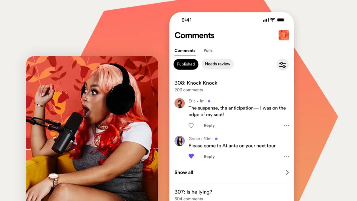 Image of Spotify's new podcast comments section next to a podcast video screen grab