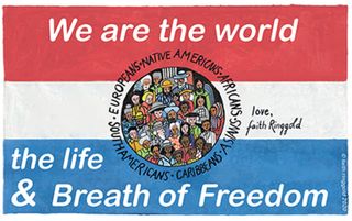 We are the world, blue, white and red flag designed by Faith Ringgold