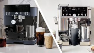Split image of Ninja Luxe Café Premier and Ninja Luxe Café Pro coffee makers