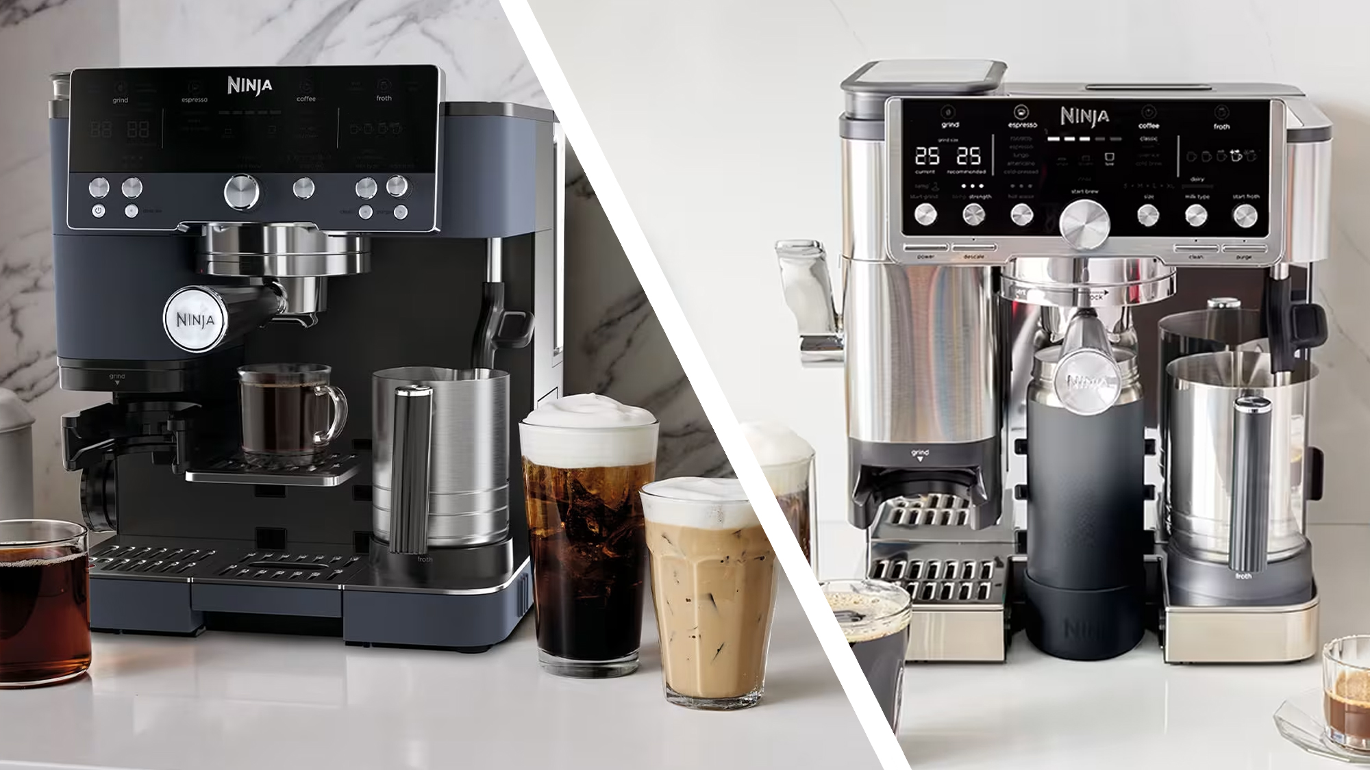 Split image of Ninja Luxe Café Premier and Ninja Luxe Café Pro coffee makers