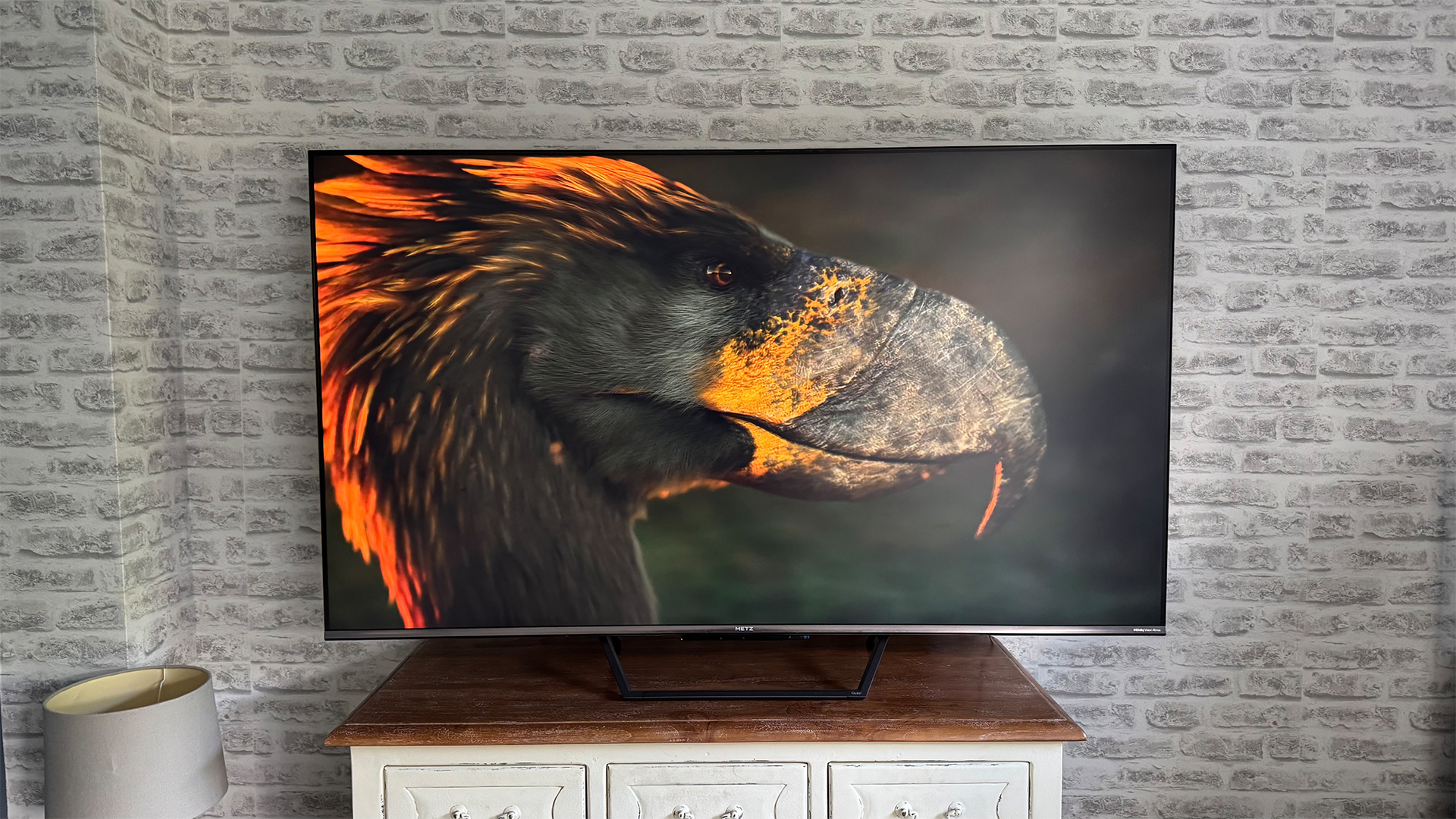 Metz MQE7600 4K TV on wooden sideboard in front of brick wall, on screen is prehistoric bird