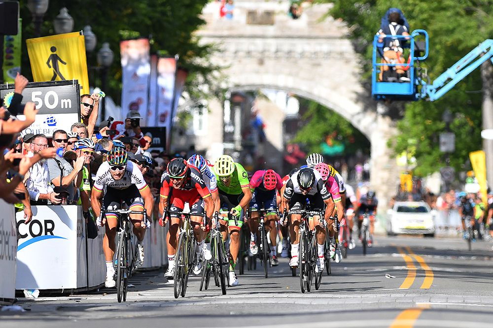 The leaders bear down on the finish line in Quebec.
