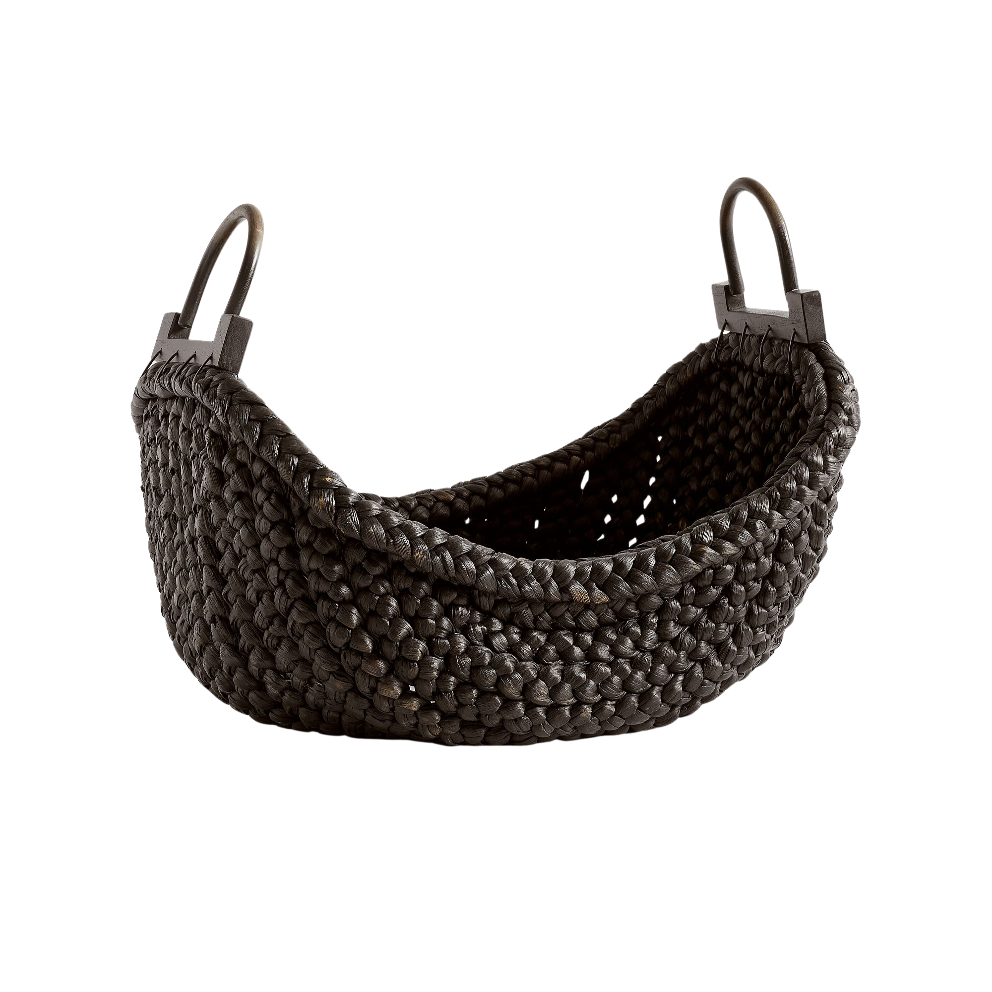 black storage basket with metal handles
