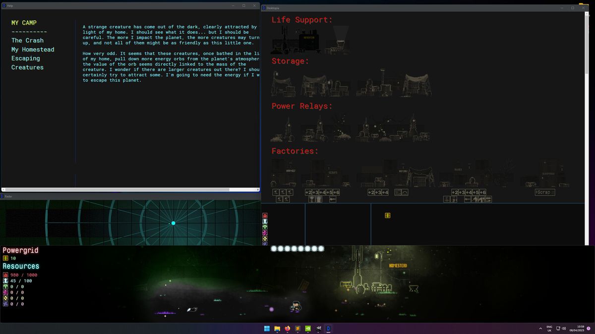 Screenshot of purple-blue cities and sci-fi screens from idler dEskape