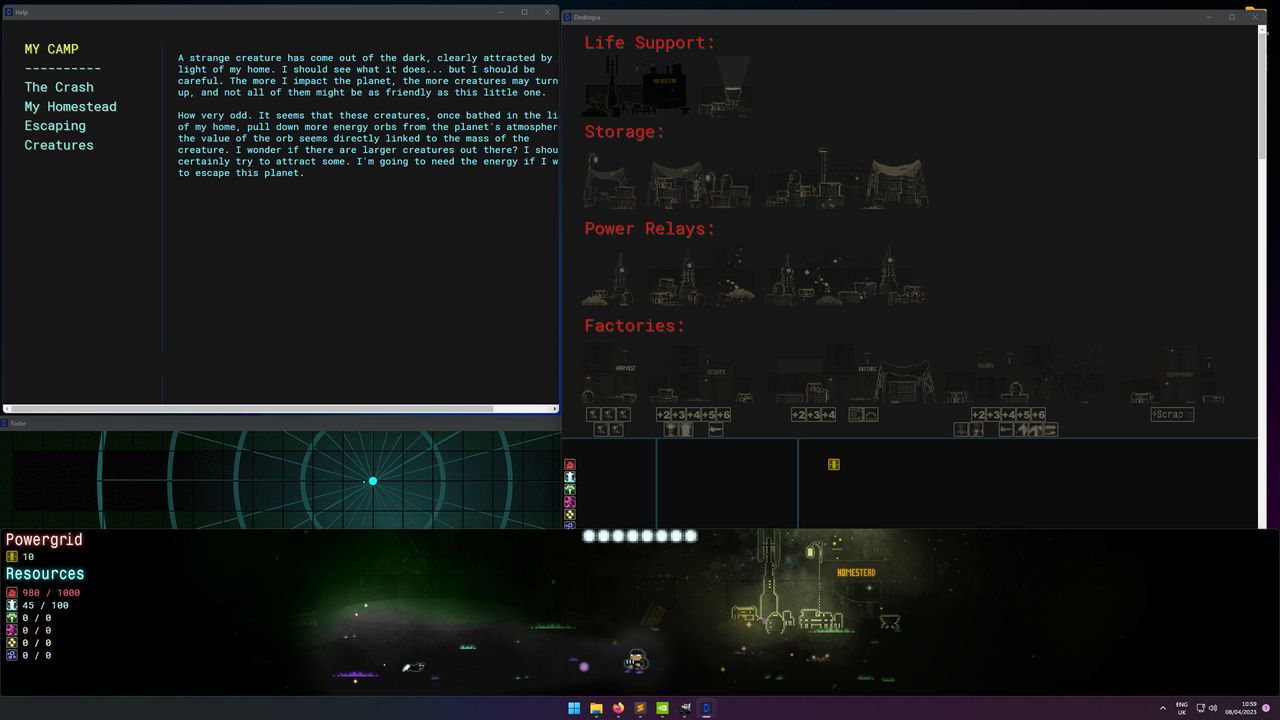 Screenshot of purple-blue cities and sci-fi screens from idler dEskape