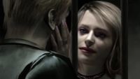 An upscaled render from Silent Hill 2, showing Maria stroking the cheek of James Sunderland.