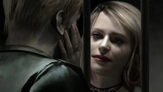 An upscaled render from Silent Hill 2, showing Maria stroking the cheek of James Sunderland.