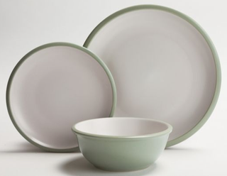Rowan Dinner 12 Piece Set, white top with green edging and base -1 large plate, 1 small plate and 1 bowl