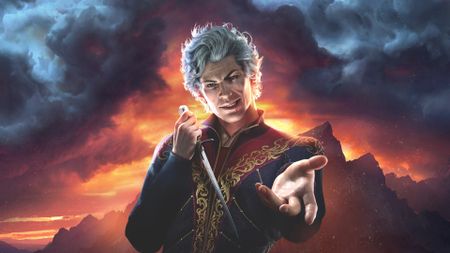 Astarion brandishes a dirk and extends a hand towards the camera.