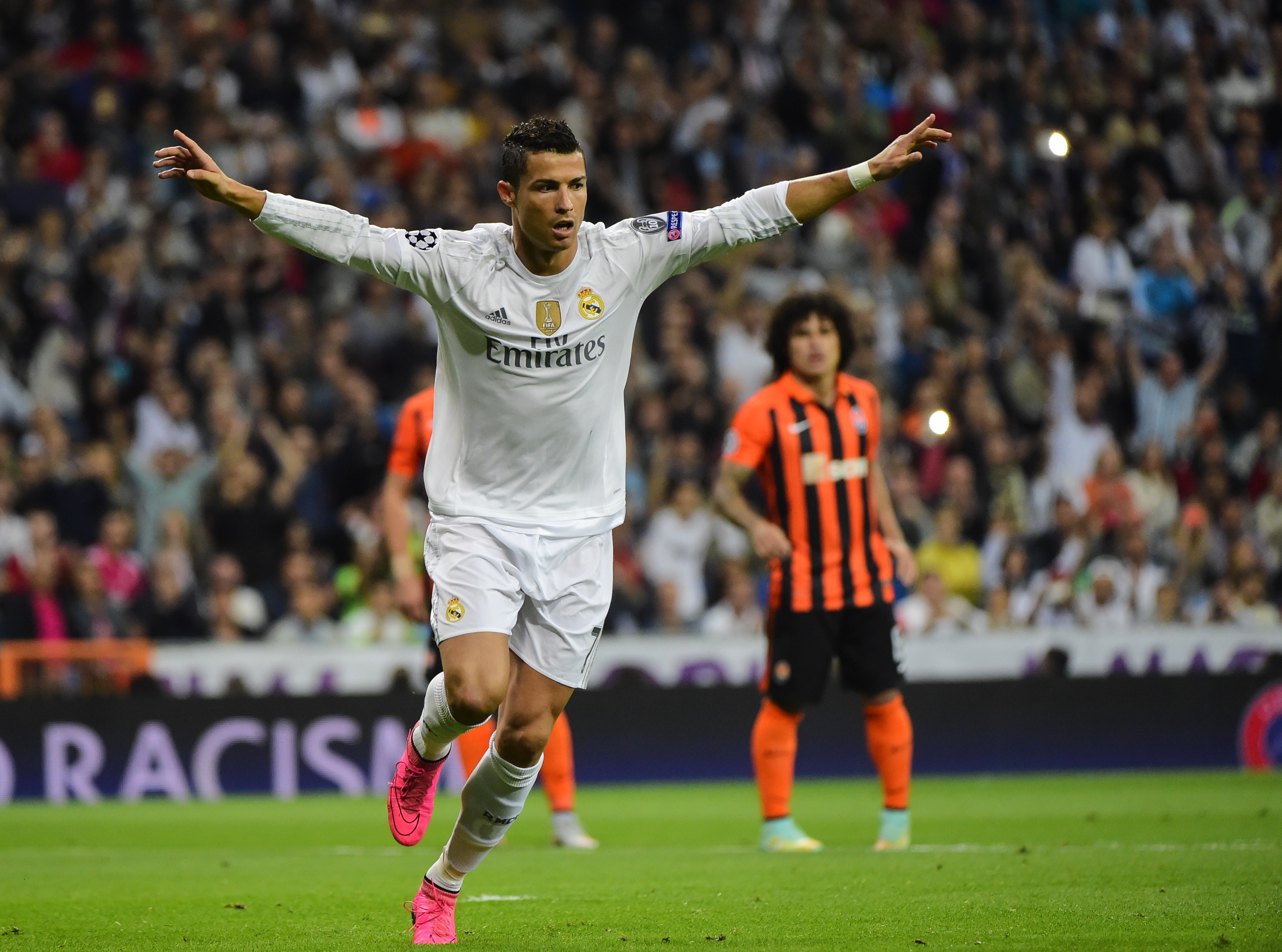 Cristiano Ronaldo celebrates a goal for Real Madrid against Shakhtar Donetsk in the Champions League in September 2015.