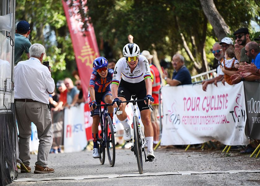 LAUDUN-L’ARDOISE, FRANCE - SEPTEMBER 09: Lotte Kopecky of Belgium and Team SD Worx - Protime celebrates at finish line as stage winner during the 23rd Tour Cycliste Feminin International de l&#039;Ardeche 2025, Stage 1 a 127.5km stage from Laudun-l’Ardoise to Laudun-l’Ardoise on September 09, 2025 in Laudun-l’Ardoise, France. (Photo by Alex Broadway/Getty Images)