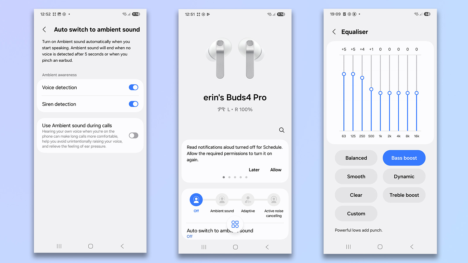 three screenshots from a samsung galaxy s25+ showing the customization options for the galaxy buds 4 pro