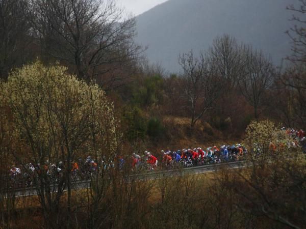 The peloton in action during a frigid, wet day of racing at the Volta a Catalunya.